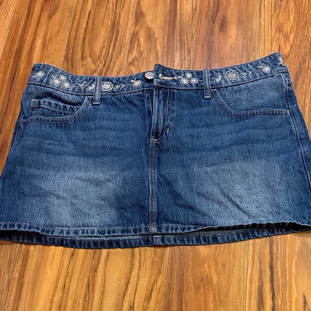 Hollister Dark Blue Denim Mini Skirt with Embroidered Waist